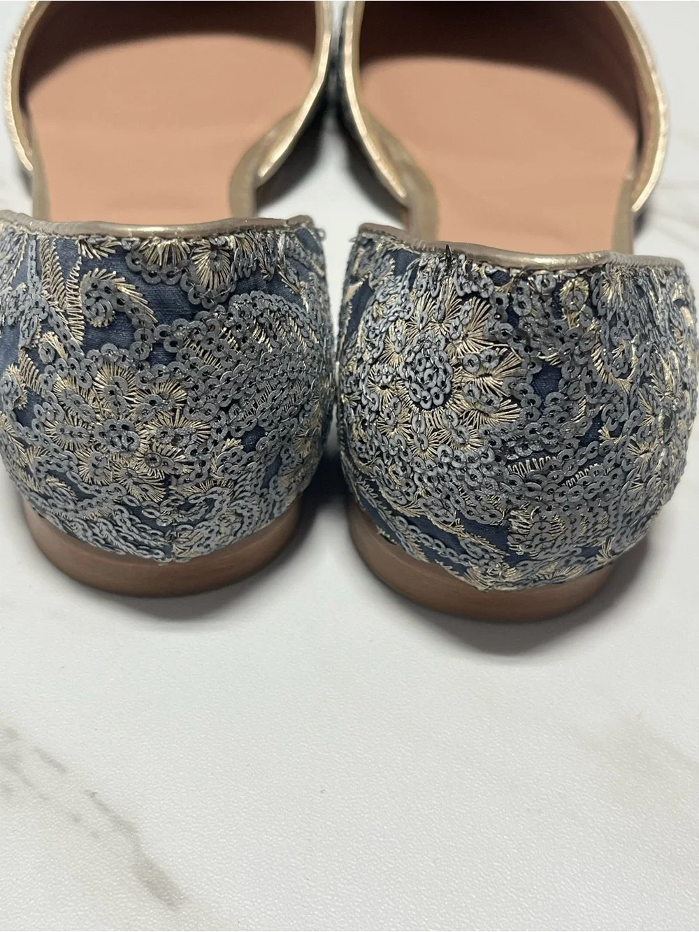 Sundance D'Orsay Flats Blue Sequin Embroidered Lace Pointed Toe Italian Made 41